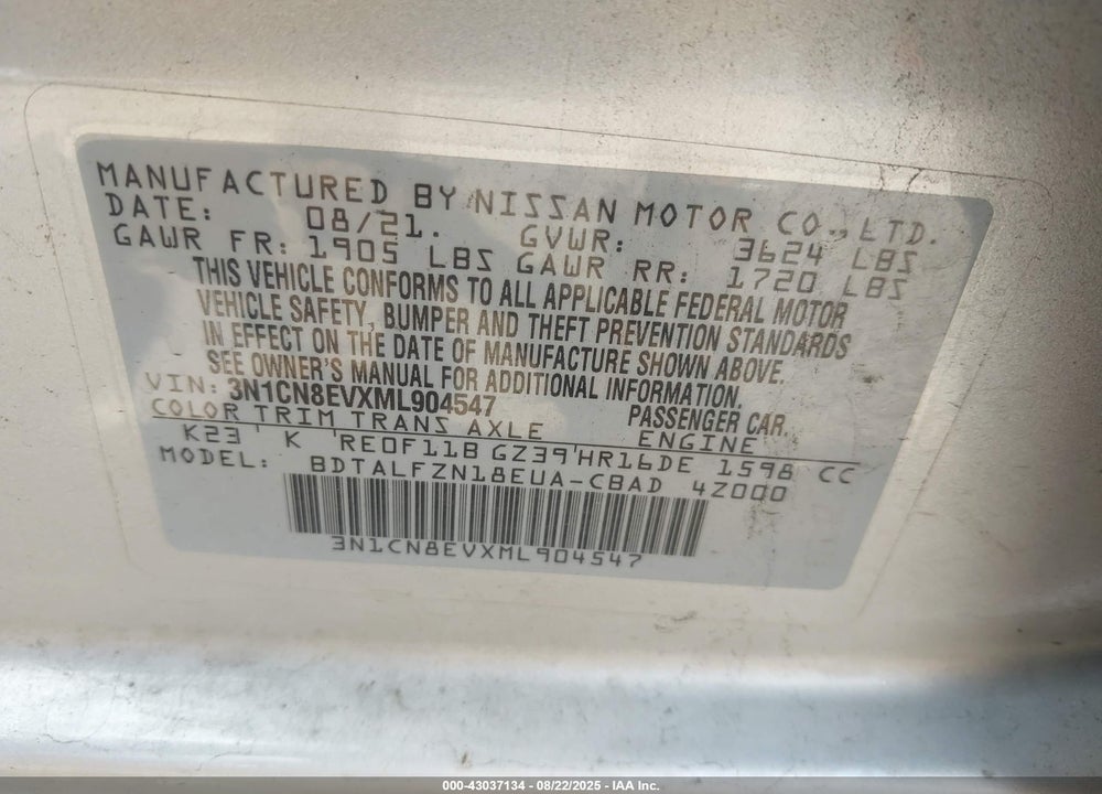 2021 NISSAN VERSA VIN: 3N1CN8EVXML904547