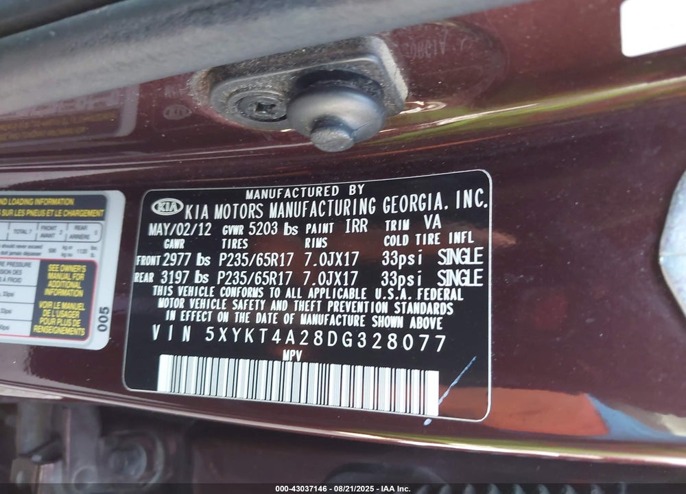2013 KIA SORENTO VIN: 5XYKT4A28DG328077