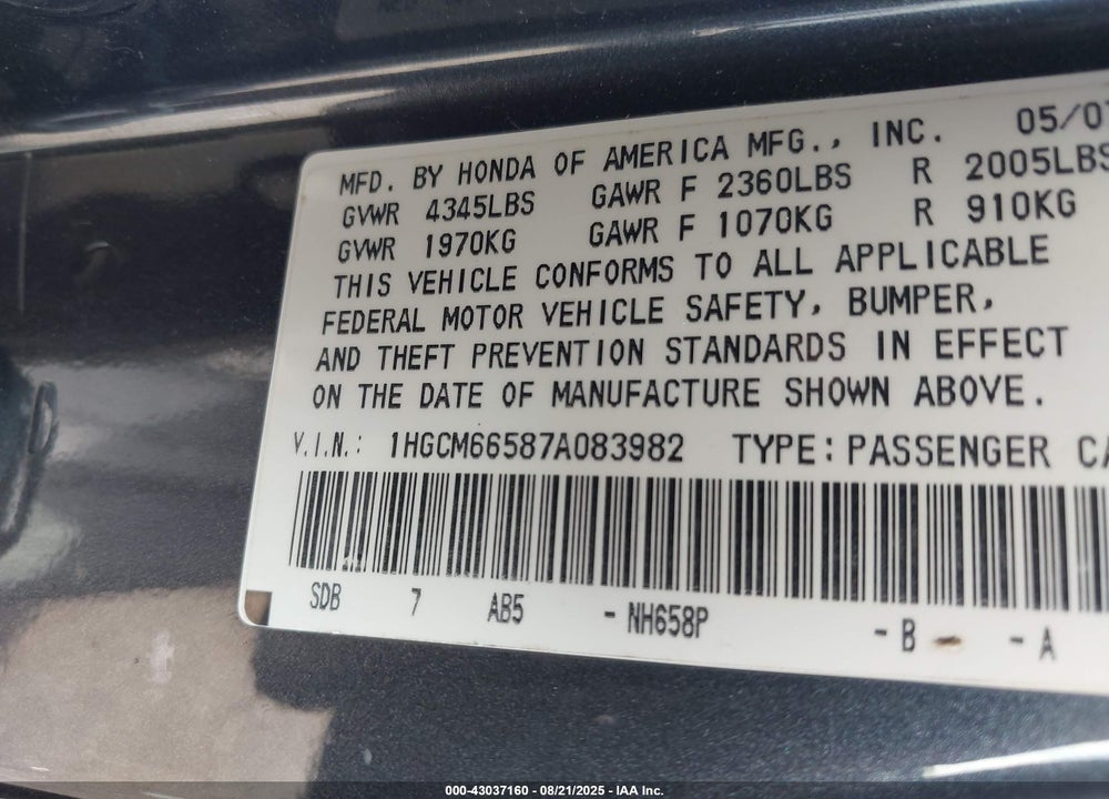 2007 HONDA ACCORD 3.0 EX VIN: 1HGCM66587A083982