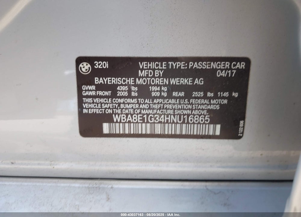 2017 BMW 320I VIN: WBA8E1G34HNU16865