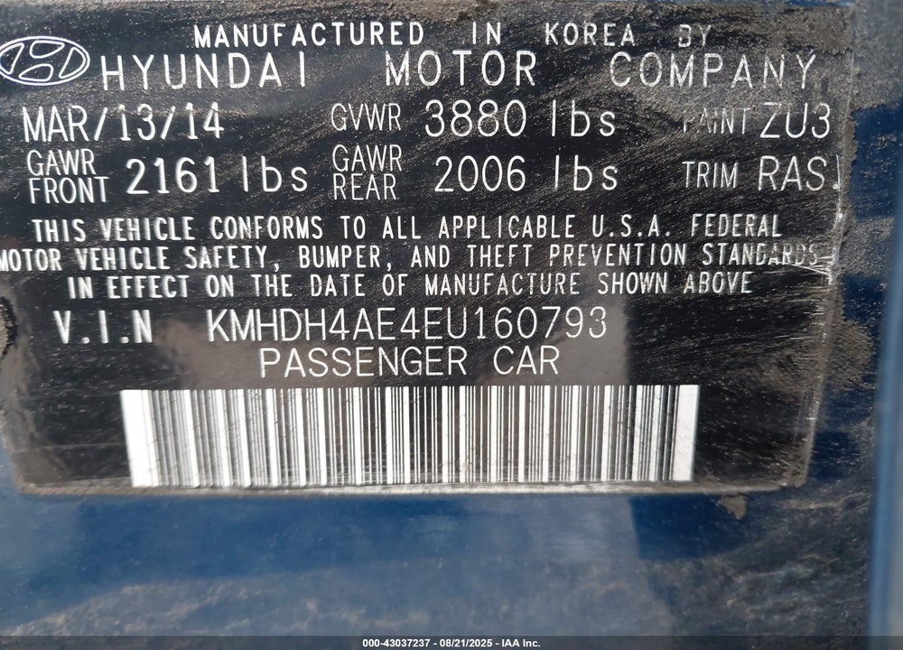 2014 HYUNDAI ELANTRA VIN: KMHDH4AE4EU160793