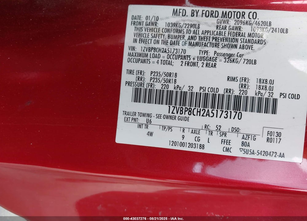 2010 FORD MUSTANG VIN: 1ZVBP8CH2A5173170