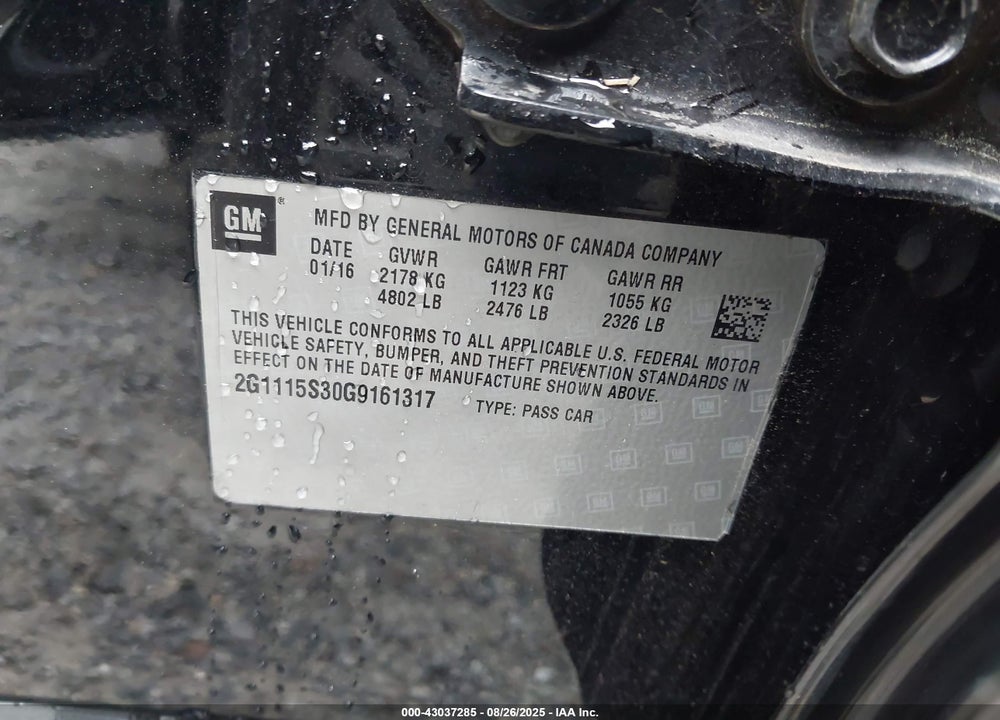 2016 CHEVROLET IMPALA VIN: 2G1115S30G9161317