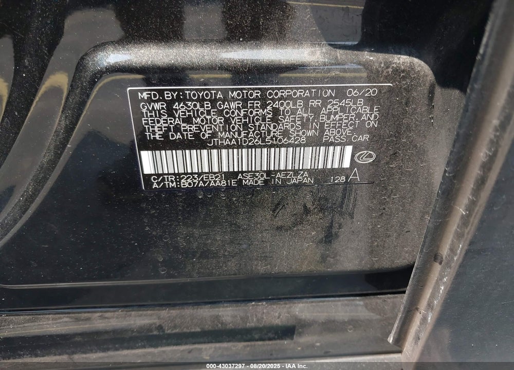 2020 LEXUS IS 300 VIN: JTHAA1D26L5106428
