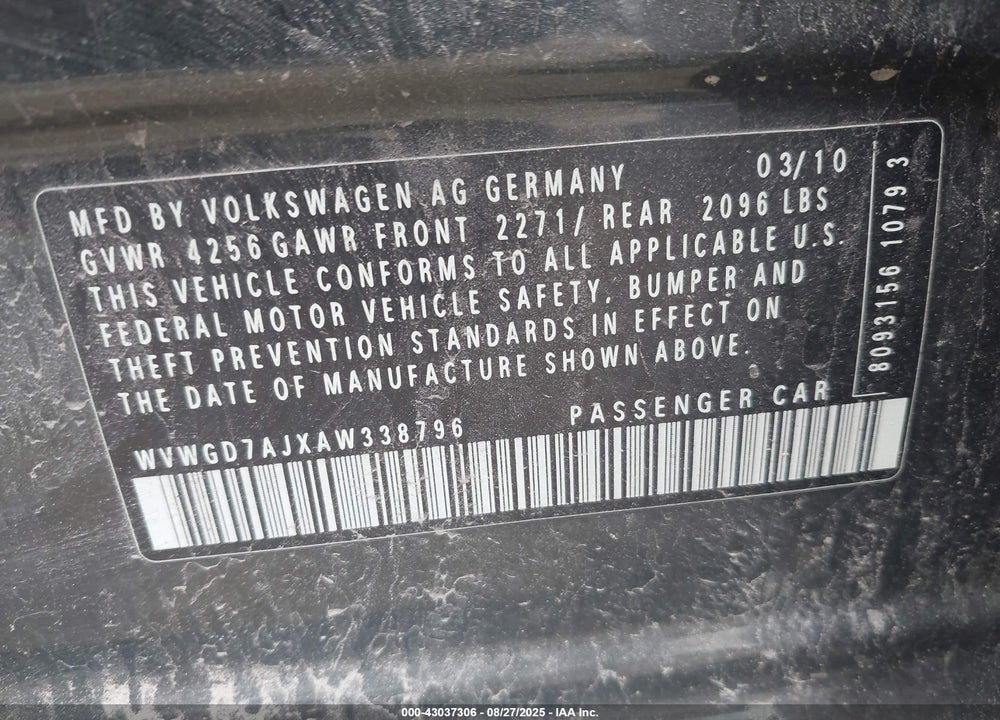 2010 VOLKSWAGEN GTI 4-DOOR VIN: WVWGD7AJXAW338796