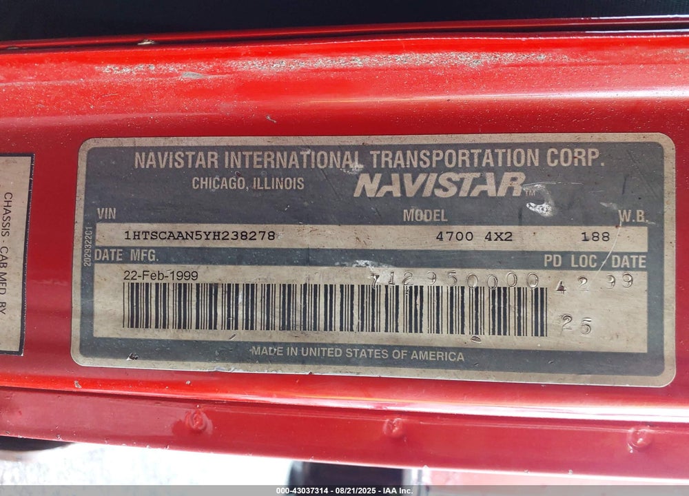 2000 INTERNATIONAL 4000 4700 VIN: 1HTSCAAN5YH238278