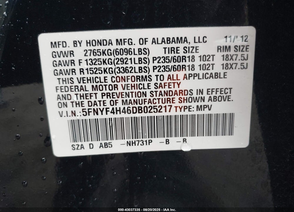 2013 HONDA PILOT VIN: 5FNYF4H46DB025217