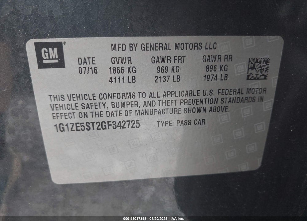 2016 CHEVROLET MALIBU VIN: 1G1ZE5ST2GF342725