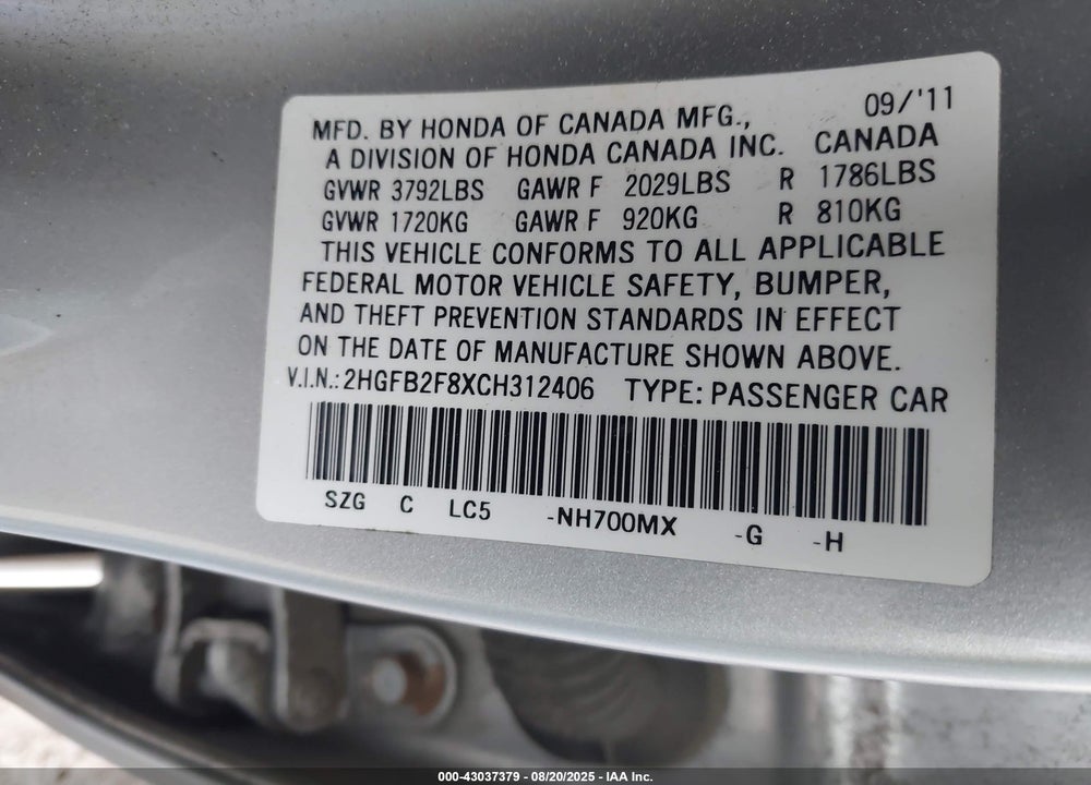 2012 HONDA CIVIC VIN: 2HGFB2F8XCH312406