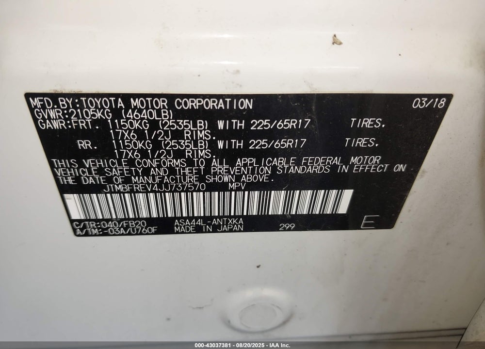 2018 TOYOTA RAV4 VIN: JTMBFREV4JJ737570