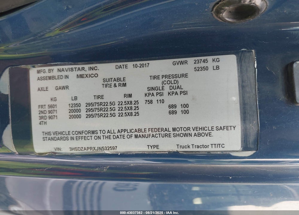 2018 INTERNATIONAL LT VIN: 3HSDZAPRXJN532597