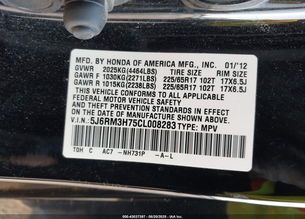 2012 HONDA CR-V VIN: 5J6RM3H75CL008283