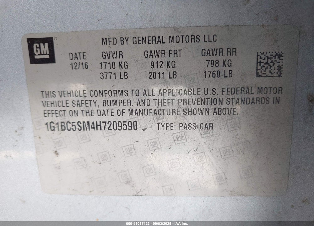 2017 CHEVROLET CRUZE VIN: 1G1BC5SM4H7209590