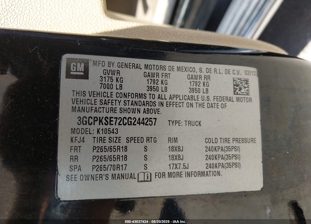 2012 CHEVROLET SILVERADO 1500 VIN: 3GCPKSE72CG244257