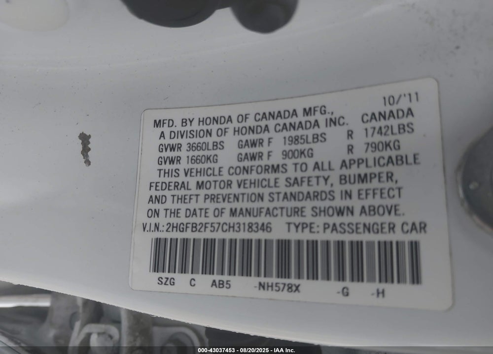 2012 HONDA CIVIC LX VIN: 2HGFB2F57CH318346