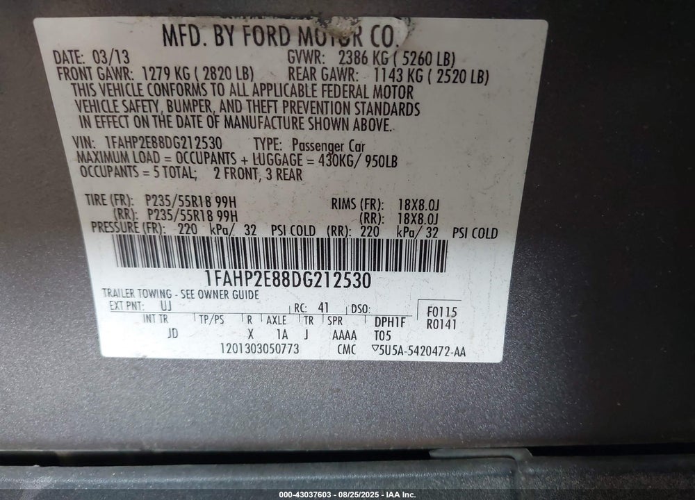 2013 FORD TAURUS VIN: 1FAHP2E88DG212530