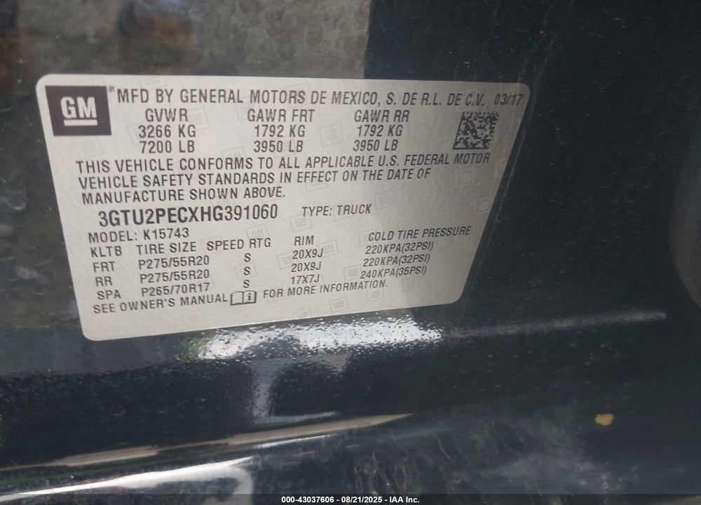 2017 GMC SIERRA 1500 VIN: 3GTU2PECXHG391060