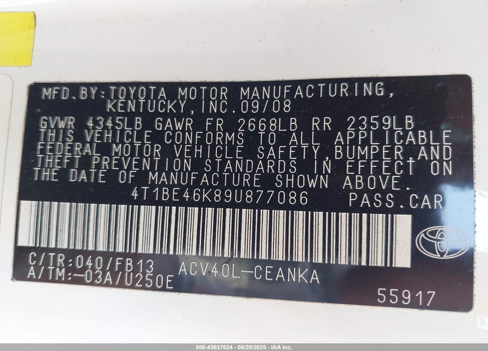 2009 TOYOTA CAMRY VIN: 4T1BE46K89U877086