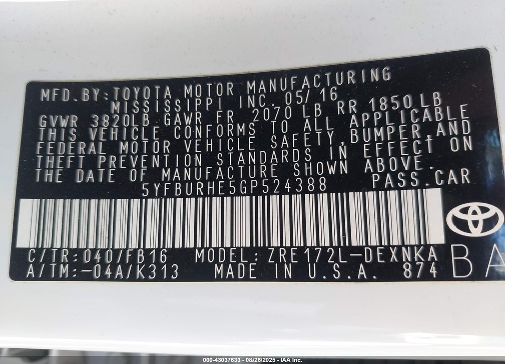 2016 TOYOTA COROLLA VIN: 5YFBURHE5GP524388