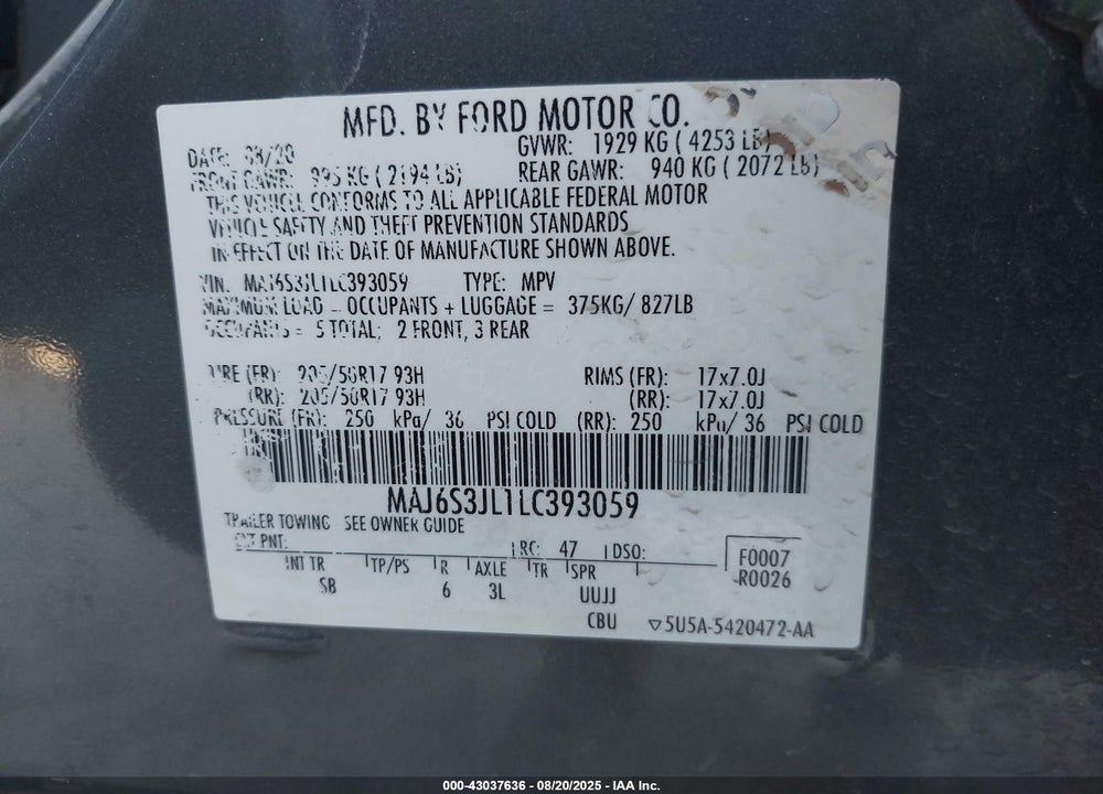 2020 FORD ECOSPORT VIN: MAJ6S3JL1LC393059