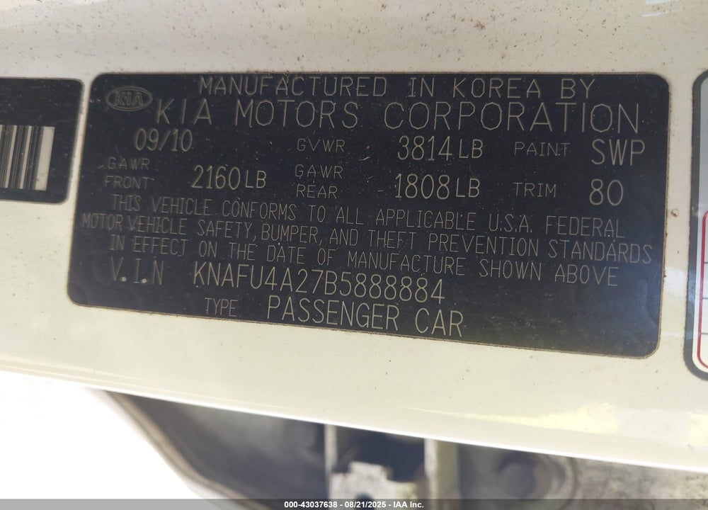 2011 KIA FORTE VIN: KNAFU4A27B5888884