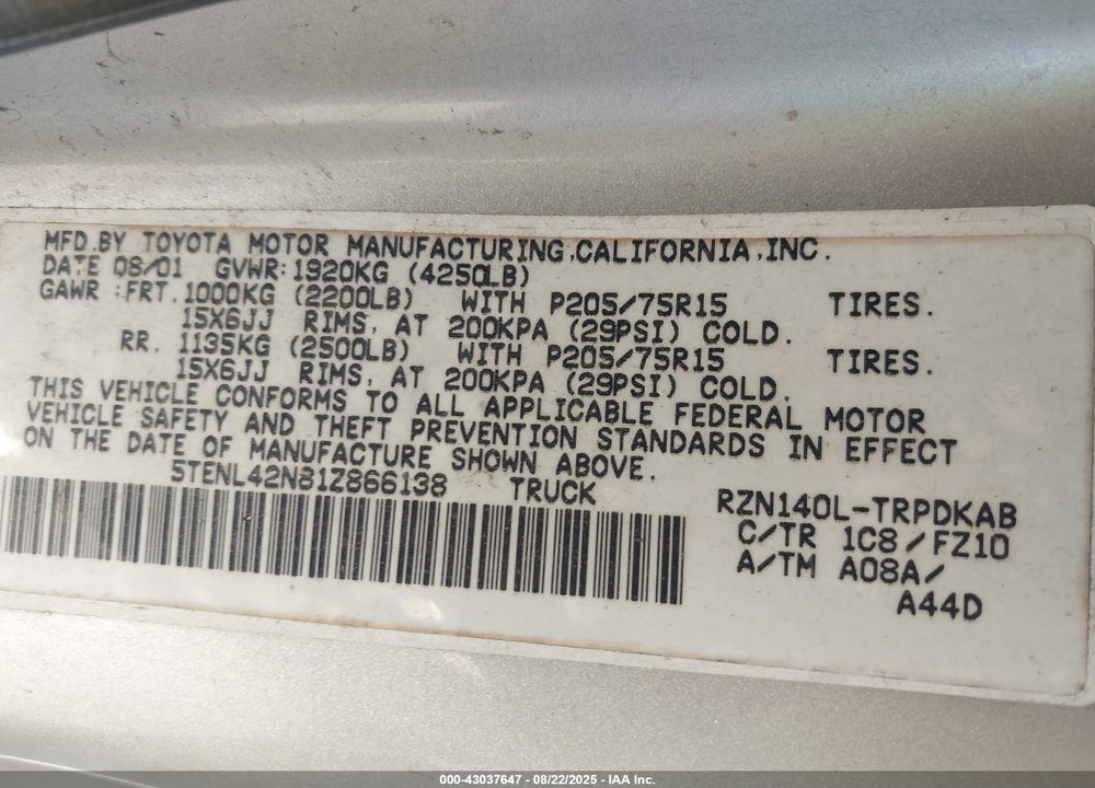 2001 TOYOTA TACOMA VIN: 5TENL42N81Z866138