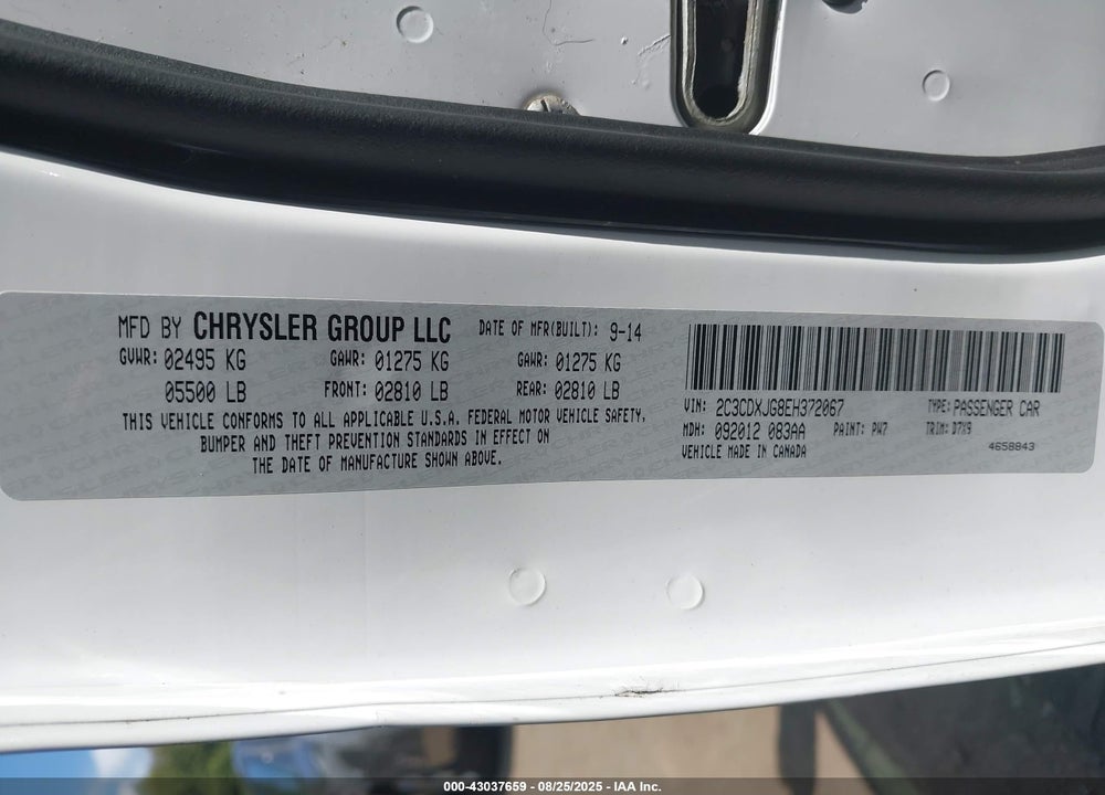 2014 DODGE CHARGER VIN: 2C3CDXJG8EH372067