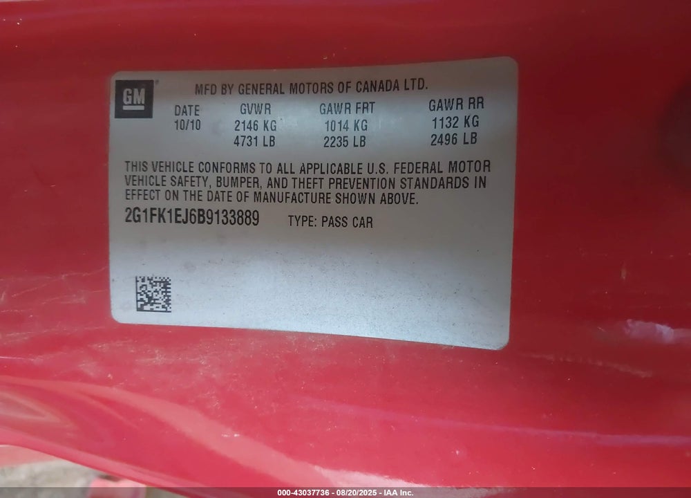 2011 CHEVROLET CAMARO VIN: 2G1FK1EJ6B9133889