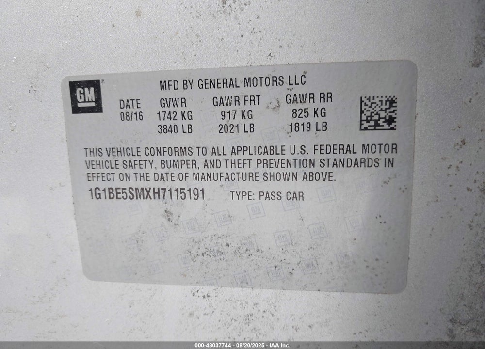 2017 CHEVROLET CRUZE VIN: 1G1BE5SMXH7115191