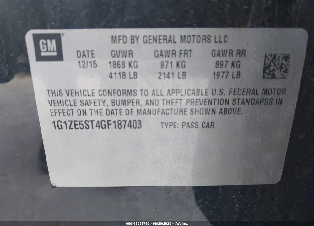 2016 CHEVROLET MALIBU VIN: 1G1ZE5ST4GF187403