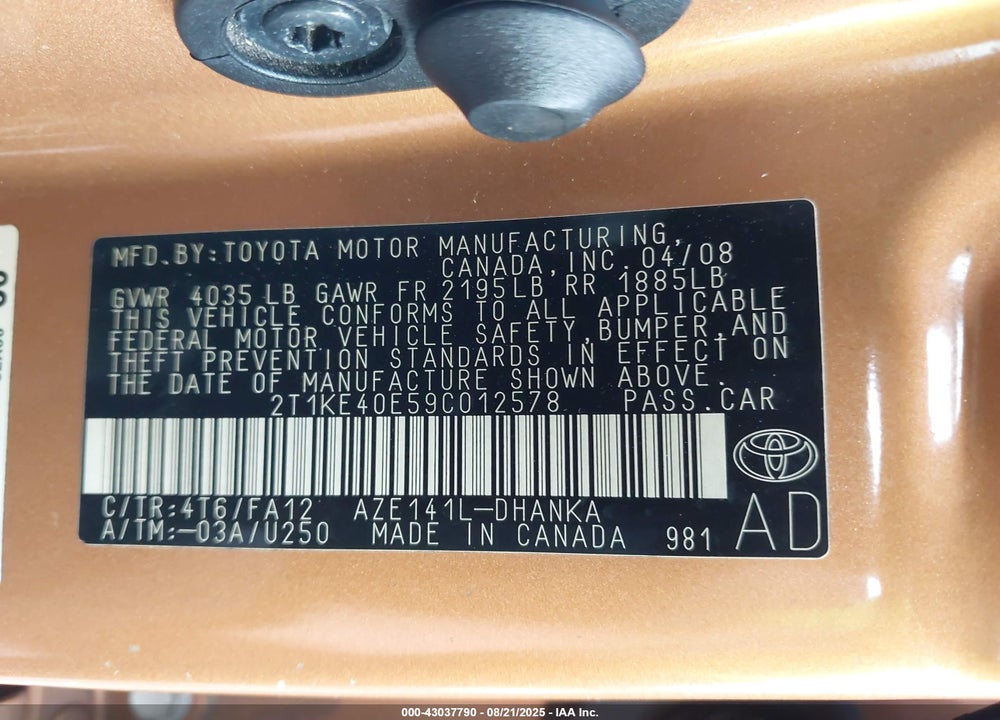 2009 TOYOTA MATRIX VIN: 2T1KE40E59C012578