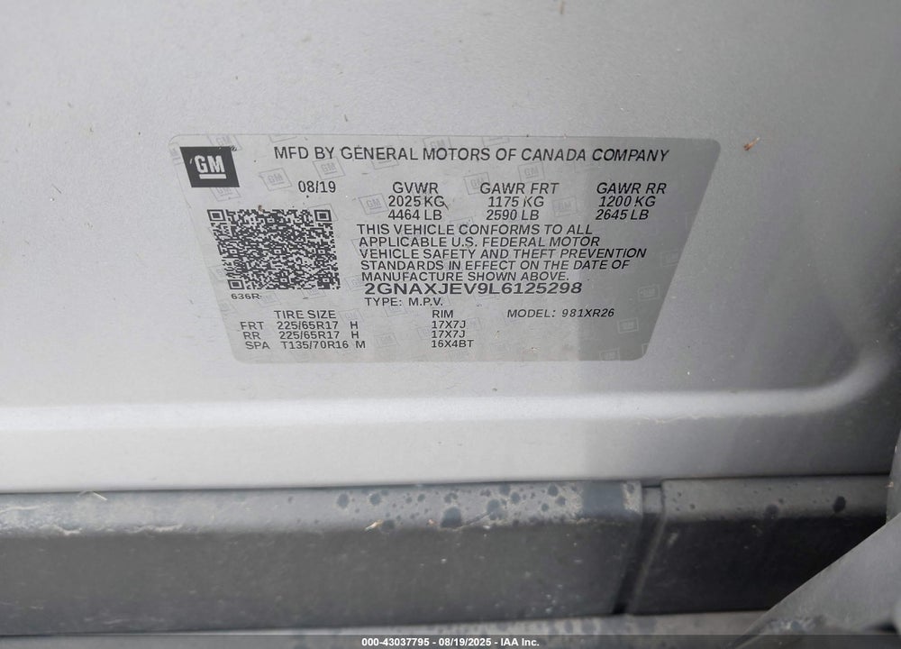 2020 CHEVROLET EQUINOX VIN: 2GNAXJEV9L6125298