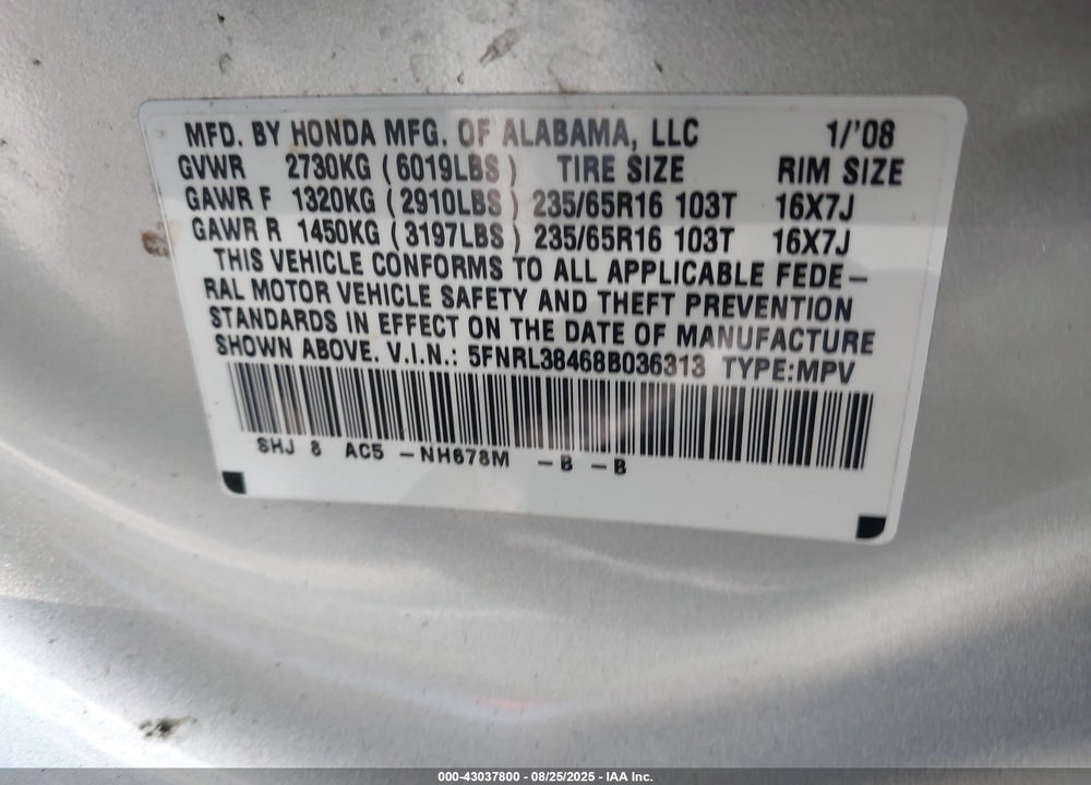 2008 HONDA ODYSSEY EX VIN: 5FNRL38468B036313
