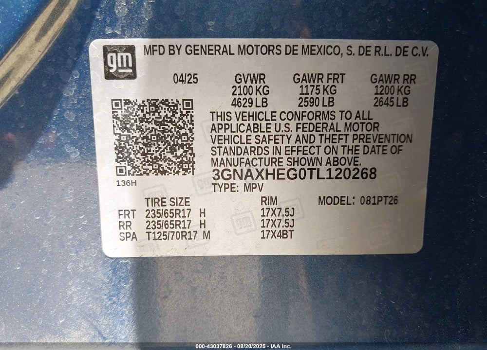 2026 CHEVROLET EQUINOX FWD LT VIN: 3GNAXHEG0TL120268