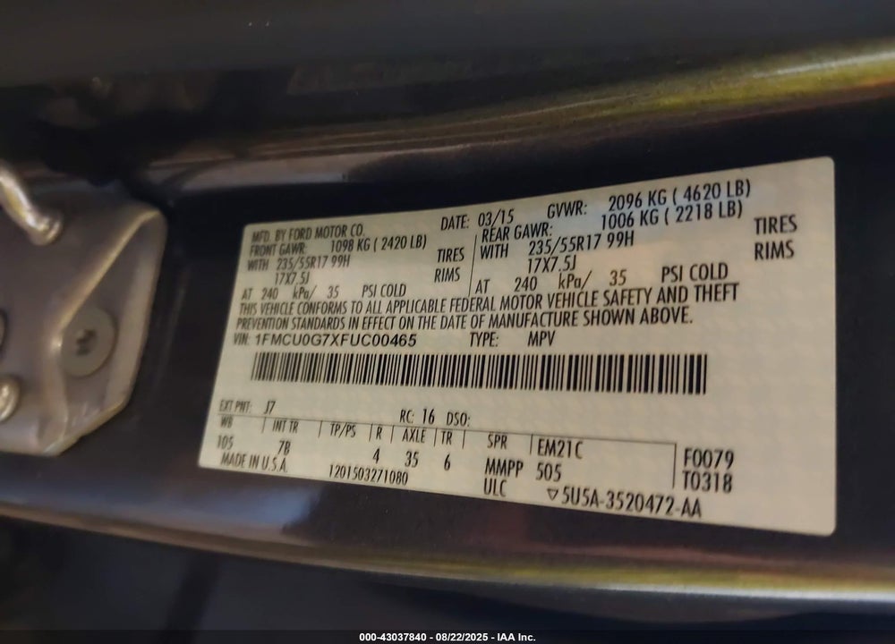 2015 FORD ESCAPE SE VIN: 1FMCU0G7XFUC00465