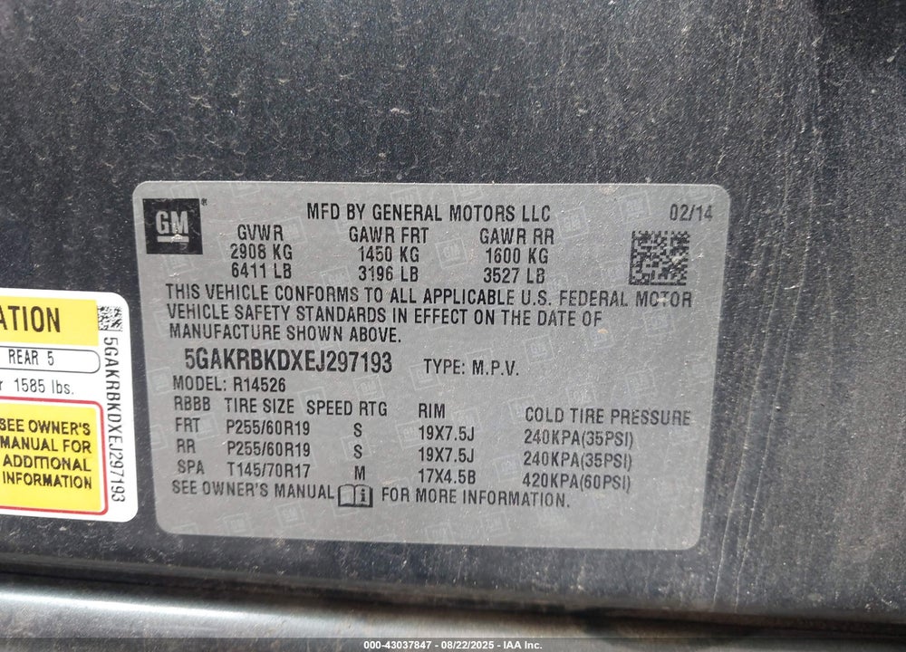 2014 BUICK ENCLAVE VIN: 5GAKRBKDXEJ297193