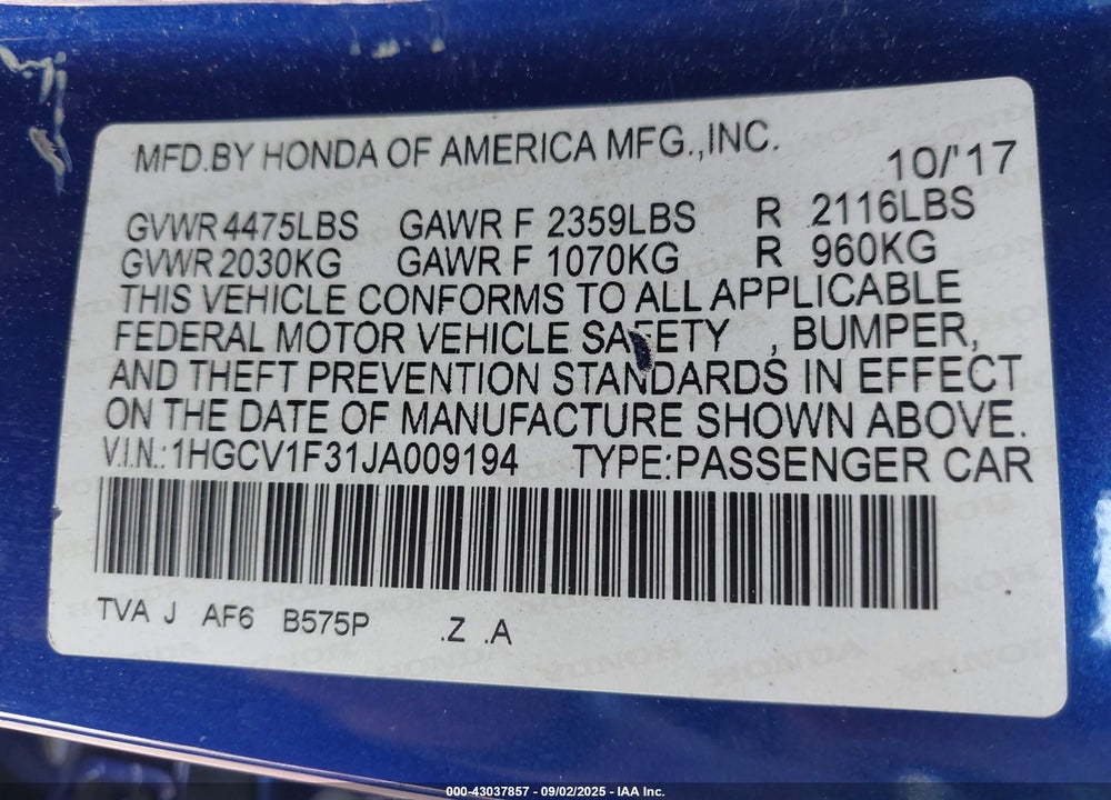 2018 HONDA ACCORD VIN: 1HGCV1F31JA009194
