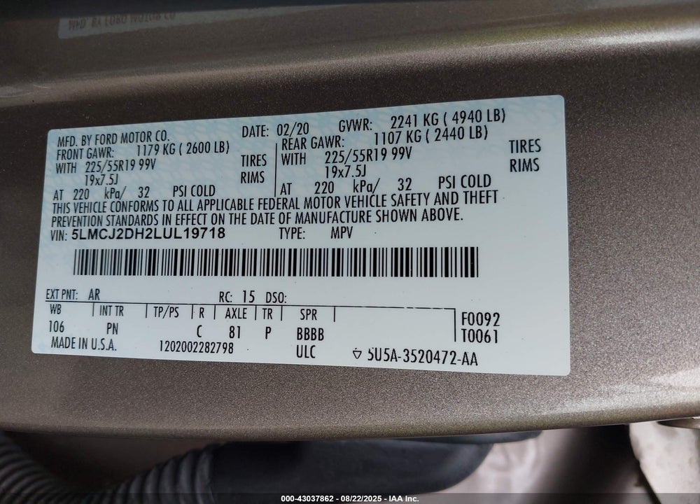 2020 LINCOLN CORSAIR RESERVE VIN: 5LMCJ2DH2LUL19718
