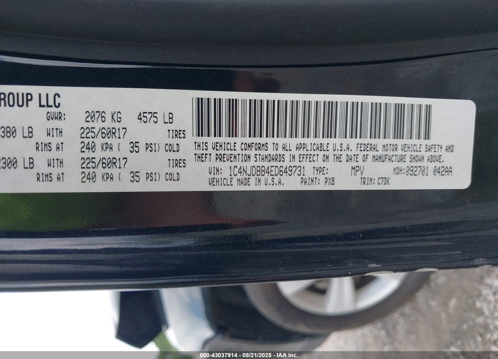 2014 JEEP COMPASS VIN: 1C4NJDBB4ED649731
