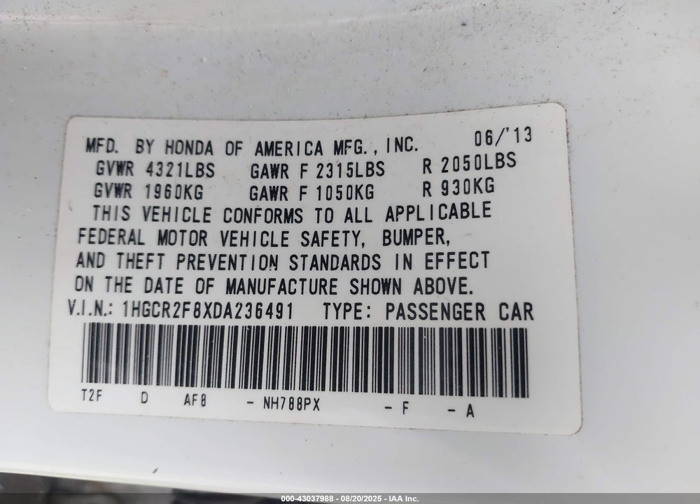 2013 HONDA ACCORD VIN: 1HGCR2F8XDA236491