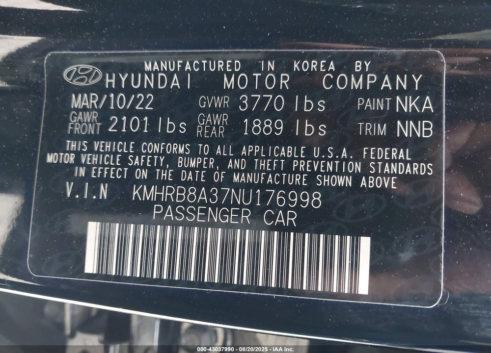 2022 HYUNDAI VENUE VIN: KMHRB8A37NU176998