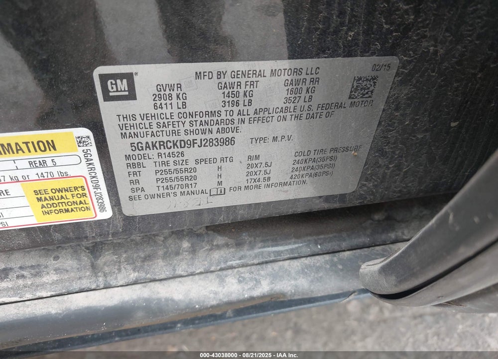 2015 BUICK ENCLAVE VIN: 5GAKRCKD9FJ283986
