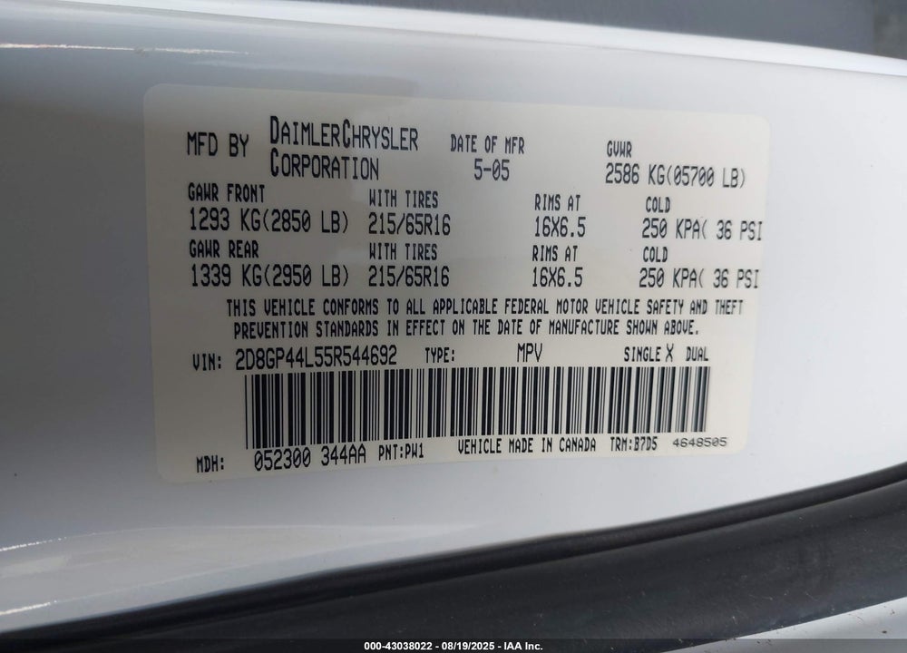 2005 DODGE GRAND CARAVAN SXT VIN: 2D8GP44L55R544692