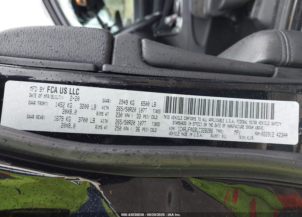 2020 JEEP GRAND CHEROKEE VIN: 1C4RJFAG8LC328286
