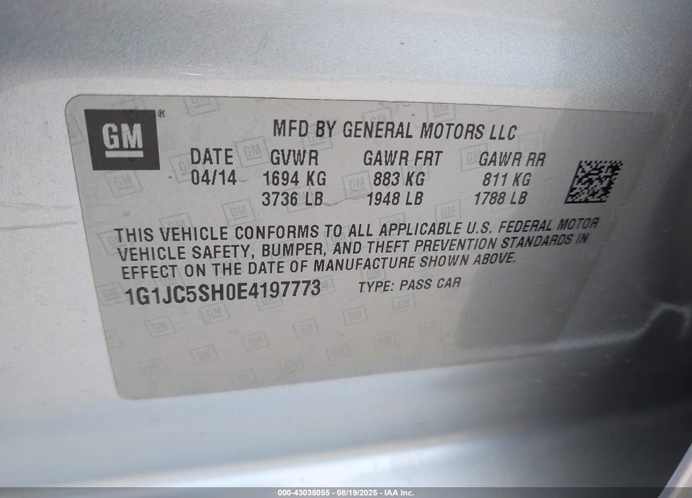 2014 CHEVROLET SONIC VIN: 1G1JC5SH0E4197773
