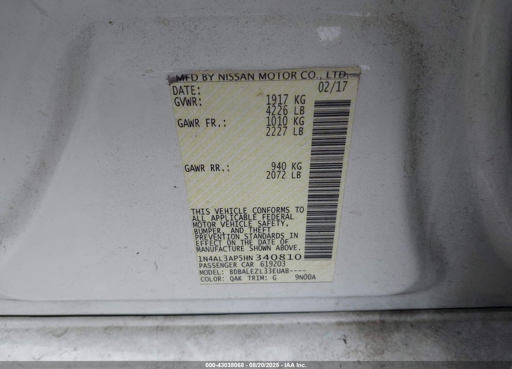 2017 NISSAN ALTIMA VIN: 1N4AL3AP5HN340810