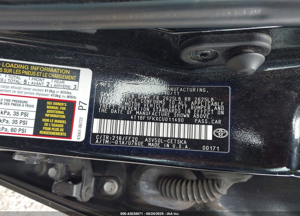 2012 TOYOTA CAMRY VIN: 4T1BF1FKXCU011490