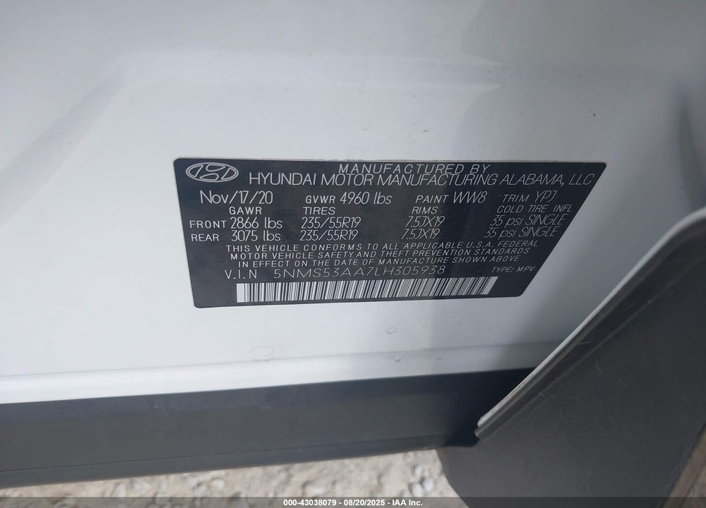 2020 HYUNDAI SANTA FE VIN: 5NMS53AA7LH305938