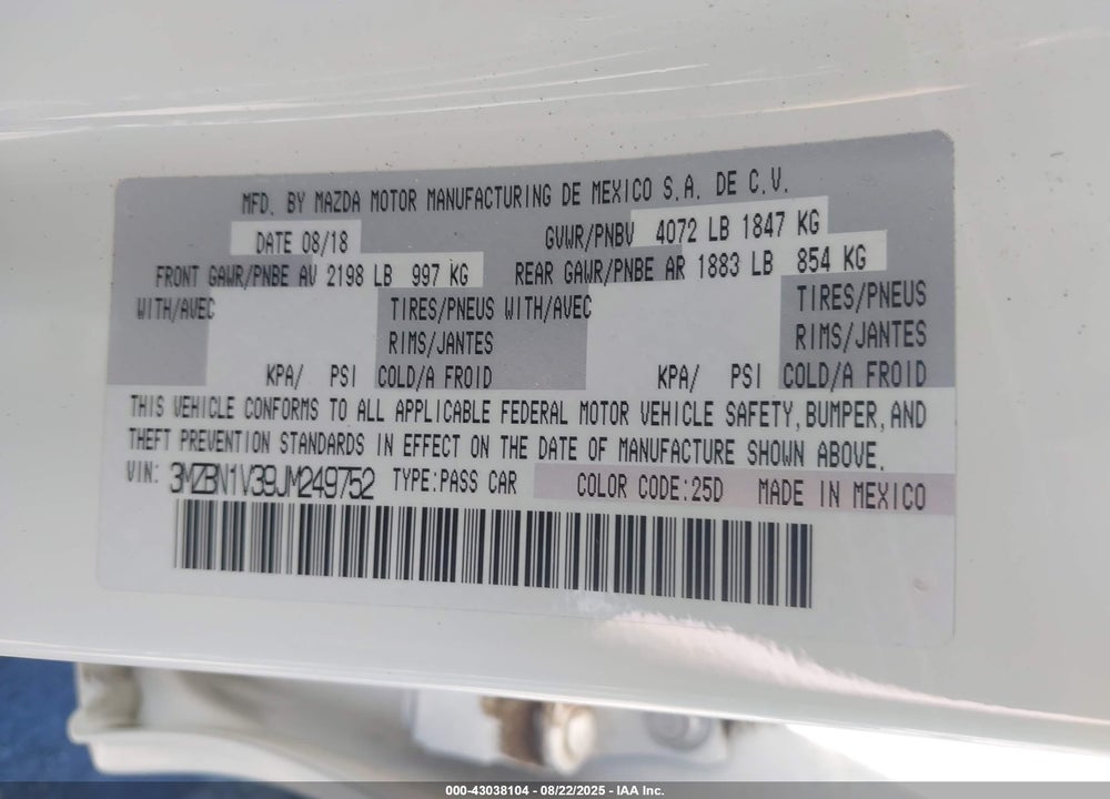 2018 MAZDA 3 VIN: 3MZBN1V39JM249752