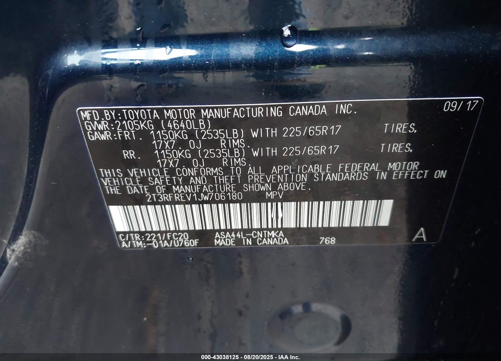 2018 TOYOTA RAV4 VIN: 2T3RFREV1JW706180